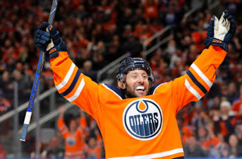 Edmonton Oilers player Sam Gagner celebrates goal. Mandatory Credit: Perry Nelson-USA TODAY Sports