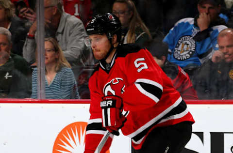 Adam Larsson #5 of the New Jersey Devils. (Photo by Elsa/Getty Images)