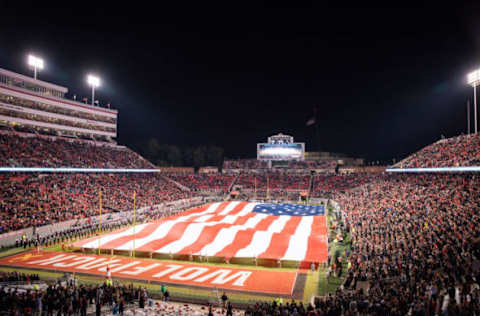 RALEIGH, NC – NOVEMBER 08: Carter-Finley Stadium is filled with a huge American Flag during the college football game between Wake Forest Demon Deacons and the North Carolina State Wolfpack on November 8, 2018, at Carter-Finley Stadium in Raleigh, NC. (Photo by Michael Berg/Icon Sportswire via Getty Images)