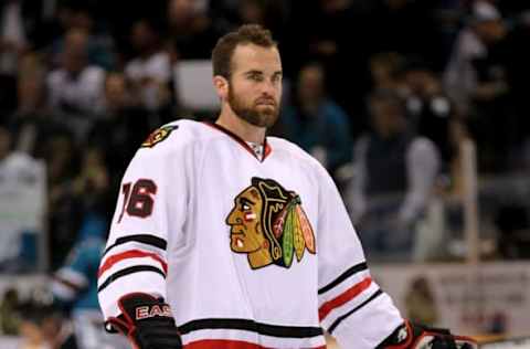 SAN JOSE, CA – MAY 18: Andrew Ladd #16 of the Chicago Blackhawks looks on before taking on the San Jose Sharks in Game Two of the Western Conference Finals during the 2010 NHL Stanley Cup Playoffs at HP Pavilion on May 18, 2010 in San Jose, California. (Photo by Jed Jacobsohn/Getty Images)