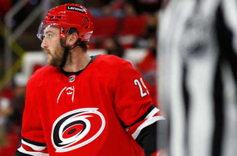 RALEIGH, NORTH CAROLINA – DECEMBER 16: Stefan Noesen #29 of the Carolina Hurricanes looks on during the second period of the game against the Detroit Red Wings at PNC Arena on December 16, 2021 in Raleigh, North Carolina. (Photo by Jared C. Tilton/Getty Images)