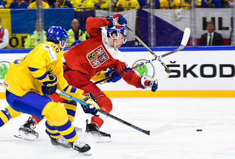 Czech Republic’s Filip Chytil (R) vies with Sweden’s Erik Gustafsson during the group A match Sweden vs Czech Republic of the 2018 IIHF Ice Hockey World Championship at the Royal Arena in Copenhagen, Denmark, on May 6, 2018. (Photo by Jonathan NACKSTRAND / AFP) (Photo credit should read JONATHAN NACKSTRAND/AFP/Getty Images)