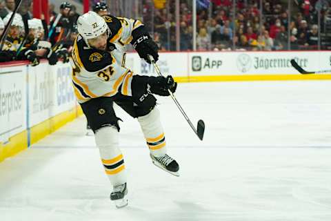 May 14, 2022; Raleigh, North Carolina, USA; Patrice Bergeron. Mandatory Credit: James Guillory-USA TODAY Sports