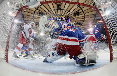 NEW YORK, NEW YORK – MAY 24: Igor Shesterkin #31 of the New York Rangers defends the net against the Carolina Hurricanes during the second period in Game Four of the Second Round of the 2022 Stanley Cup Playoffs at Madison Square Garden on May 24, 2022 in New York City. The Rangers defeated the Hurricanes 4-1. (Photo by Bruce Bennett/Getty Images)