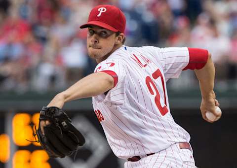 Philadelphia Phillies starter Nola (27) pitches against the Kansas City Royals at Citizens Bank Park in the 2016 season. Mandatory Credit: Bill Streicher-USA TODAY Sports