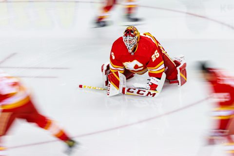 Mar 31, 2022; Calgary, Alberta, CAN; Calgary Flames goaltender Jacob Markstrom (25) during the warmup period against the Los Angeles Kings at Scotiabank Saddledome. Mandatory Credit: Sergei Belski-USA TODAY Sports