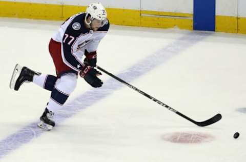 WASHINGTON, DC – APRIL 12: Columbus Blue Jackets right wing Josh Anderson (77) in action during a match between the Washington Capitals and the Columbus Blue Jackets on April 12, 2018, at the Capital One Arena in Washington, D.C. (Photo by Daniel Kucin Jr./Icon Sportswire via Getty Images)