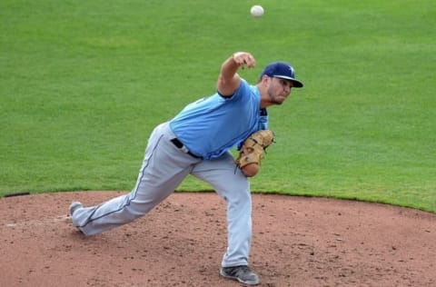 Mar 13, 2016; Dunedin, FL, USA; Tampa Bay Rays pitcher Jacob Faria (34) throws the ball in the fourth inning of the spring training game against the Toronto Blue Jays at Florida Auto Exchange Park. Mandatory Credit: Jonathan Dyer-USA TODAY Sports