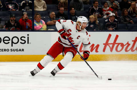 COLUMBUS, OH – OCTOBER 23: Jordan Staal #11 of the Carolina Hurricanes controls the puck during the game against the Columbus Blue Jackets at Nationwide Arena on October 23, 2021, in Columbus, Ohio. (Photo by Kirk Irwin/Getty Images)