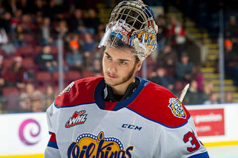 KELOWNA, BC – NOVEMBER 26: Sebastian Cossa #33 of the Edmonton Oil Kings skates to the bench at the end of third period against the Kelowna Rockets at Prospera Place on November 26, 2019 in Kelowna, Canada. (Photo by Marissa Baecker/Getty Images)