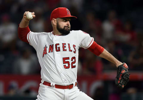 ANAHEIM, CA – SEPTEMBER 25: Los Angeles Angels of Anaheim pitcher Matt Shoemaker (52) in action during the first inning of a game against the Texas Rangers played on September 25, 2018 at Angel Stadium of Anaheim in Anaheim, CA. (Photo by John Cordes/Icon Sportswire via Getty Images)