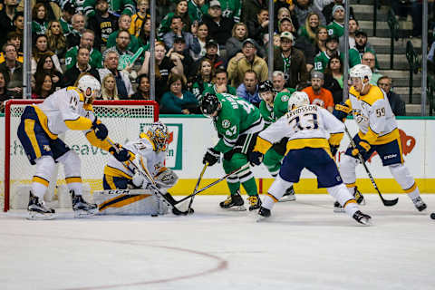 DALLAS, TX – DECEMBER 05: Nashville Predators goalie Juuse Saros (74) blocks a shot from Dallas Stars right wing Alexander Radulov (47) with help from defenseman Mattias Ekholm (14) and left wing Viktor Arvidsson (33) during the game between the Dallas Stars and the Nashville Predators on Tuesday 05, 2017 at the American Airlines Center in Dallas, Texas. Nashville beats Dallas 5-2. (Photo by Matthew Pearce/Icon Sportswire via Getty Images)