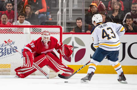 DETROIT, MI – NOVEMBER 24: Conor Sheary #43 of the Buffalo Sabres skates in on a shoot-out attempt on Jimmy Howard #35 of the Detroit Red Wings during an NHL game at Little Caesars Arena on November 24, 2018 in Detroit, Michigan. The Sabres defeated the Wings 3-2 in a shootout. (Photo by Dave Reginek/NHLI via Getty Images)