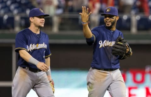 Jun 2, 2016; Philadelphia, PA, USA; Milwaukee Brewers shortstop Jonathan Villar (5) and second baseman 