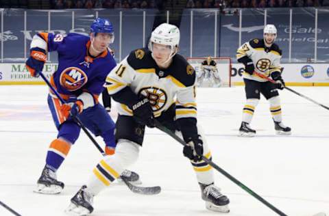 UNIONDALE, NEW YORK – JANUARY 18: Trent Frederic #11 of the Boston Bruins skates against the New York Islanders at the Nassau Coliseum on January 18, 2021 in Uniondale, New York. The Islanders shut-out the Bruins 1-0. (Photo by Bruce Bennett/Getty Images)