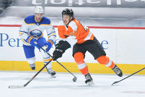 Morgan Frost #48 of the Philadelphia Flyers. (Photo by Drew Hallowell/Getty Images)