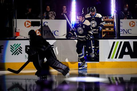 Feb 20, 2022; Columbus, Ohio, USA; Columbus Blue Jackets defenseman Zach Werenski (8) takes the ice during player introductions prior to the game against the Buffalo Sabres at Nationwide Arena. Mandatory Credit: Aaron Doster-USA TODAY Sports