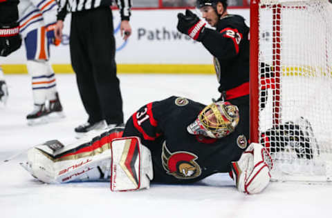 Anton Forsberg #31 of the Ottawa Senators looks on after being injured in the third period against the Edmonton Oilers at Canadian Tire Centre on February 11, 2023. (Photo by Chris Tanouye/Freestyle Photography/Getty Images)