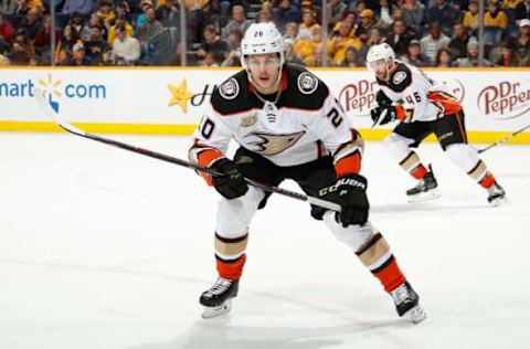 NASHVILLE, TN – NOVEMBER 25: Pontus Aberg #20 of the Anaheim Ducks skates against the Nashville Predators at Bridgestone Arena on November 25, 2018, in Nashville, Tennessee. (Photo by John Russell/NHLI via Getty Images)