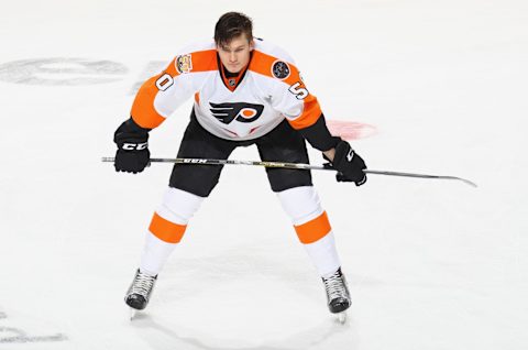 Samuel Morin warming up before a game against the New Jersey Devils. (Photo by Bruce Bennett/Getty Images)