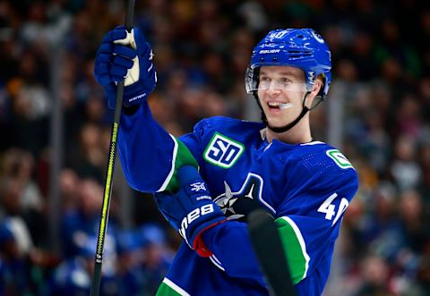 Elias Pettersson #40 of the Vancouver Canucks  (Photo by Jeff Vinnick/NHLI via Getty Images)