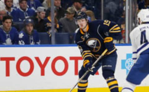 Apr 3, 2017; Buffalo, NY, USA; Buffalo Sabres center Jack Eichel (15) against the Toronto Maple Leafs at KeyBank Center. Mandatory Credit: Timothy T. Ludwig-USA TODAY Sports