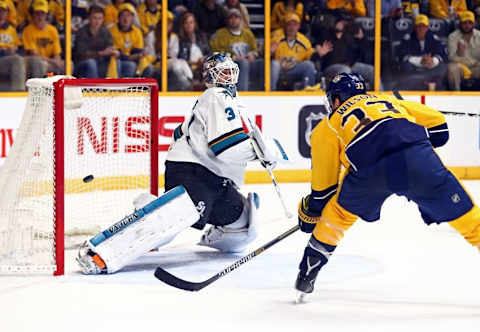 May 9, 2016; Nashville, TN, USA; San Jose Sharks goalie Martin Jones (31) reacts as he is unable to stop the game tying goal from Nashville Predators center Colin Wilson (33) during the third period in game six of the second round of the 2016 Stanley Cup Playoffs at Bridgestone Arena. Mandatory Credit: Aaron Doster-USA TODAY Sports