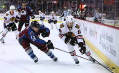 Chicago Blackhawks center Marcus Kruger (16) skates with the puck. Kruger will be available in the NHL Expansion Draft. (Chris Humphreys-USA TODAY Sports)