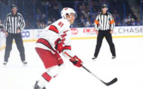 Sep 17, 2019; Tampa, FL, USA; Carolina Hurricanes forward Ryan Suzuki (61) during the third period at Amalie Arena. Mandatory Credit: Kim Klement-USA TODAY Sports