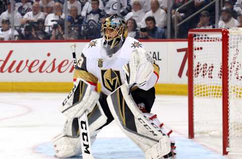 WINNIPEG, MB – MAY 20: Goaltender Marc-Andre Fleury #29 of the Vegas Golden Knights guards the net during first-period action against the Winnipeg Jets in Game Five of the Western Conference Final during the 2018 NHL Stanley Cup Playoffs at the Bell MTS Place on May 20, 2018, in Winnipeg, Manitoba, Canada. (Photo by Jonathan Kozub/NHLI via Getty Images)