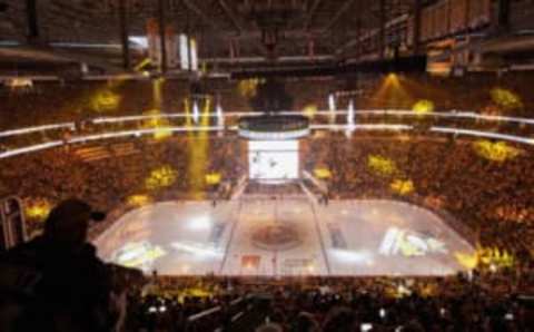 PITTSBURGH, PA – MAY 31: A laser light show entertains the crowd before the NHL Stanley Cup Finals Game 2 between the Nashville Predators and the Pittsburgh Penguins at PPG Paints Arena on May 31, 2017. (Photo by Shelley Lipton/Icon Sportswire via Getty Images)