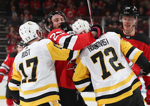 Bryan Rust #17 and Patric Hornqvist #72 of the Pittsburgh Penguins (Photo by Bruce Bennett/Getty Images)