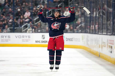 COLUMBUS, OHIO – OCTOBER 24: Johnny Gaudreau #13 of the Columbus Blue Jackets takes a break during a stoppage in play against the Anaheim Ducks at Nationwide Arena on October 24, 2023 in Columbus, Ohio. (Photo by Jason Mowry/Getty Images)