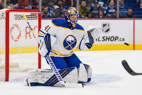 Mar 20, 2022; Vancouver, British Columbia, CAN; Buffalo Sabres goalie Craig Anderson (41) makes a save against the Vancouver Canucks in the first period at Rogers Arena. Mandatory Credit: Bob Frid-USA TODAY Sports