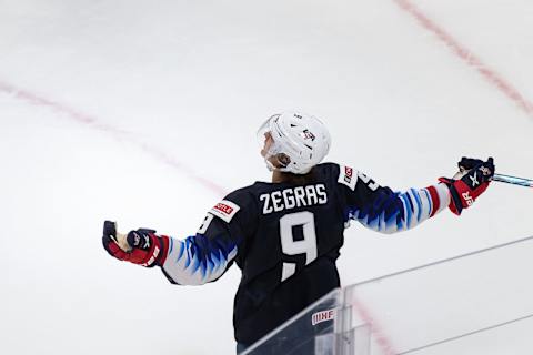 Trevor Zegras #9 of the United States. (Photo by Codie McLachlan/Getty Images)