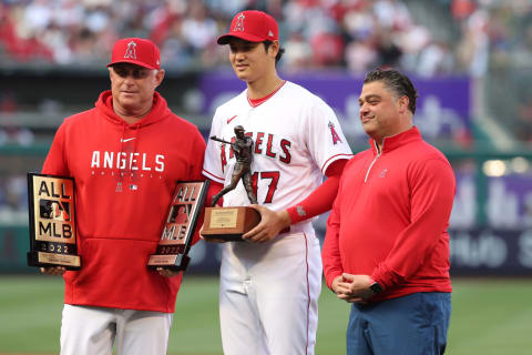 Manager Phil Nevin, Shohei Ohtani and general manager Perry Minasian. Kiyoshi Mio-USA TODAY Sports