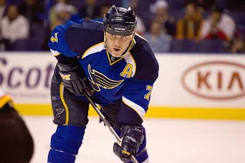 December 5, 2008 in St. Louis, Missouri. The Flames beat the Blues 4-3 in overtime. (Dilip Vishwanat/Getty Images)