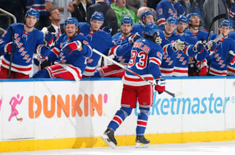 NEW YORK, NY – DECEMBER 27: Mika Zibanejad #93 of the New York Rangers celebrates after scoring a goal in the first period against the Carolina Hurricanes at Madison Square Garden on December 27, 2019 in New York City. (Photo by Jared Silber/NHLI via Getty Images)