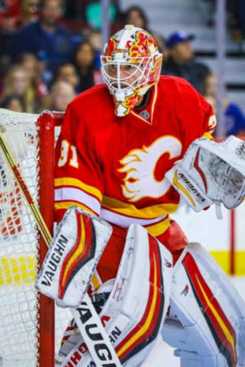 Oct 22, 2016; Calgary, Alberta, CAN; Calgary Flames goalie Chad Johnson (31) guards his net against St. Louis Blues during the first period at Scotiabank Saddledome. Mandatory Credit: Sergei Belski-USA TODAY Sports