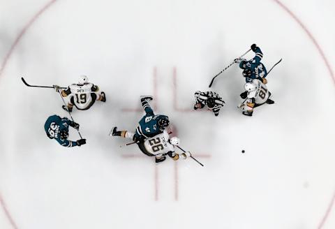 Paul Stastny of the Vegas Golden Knights and Tomas Hertl #48 of the San Jose Sharks go for a face off in Game Seven of the Western Conference First Round during the 2019 NHL Stanley Cup Playoffs at SAP Center.