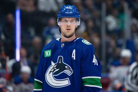 Elias Pettersson on the ice for the Canucks against the Oilers. (Photo by Derek Cain/Getty Images)