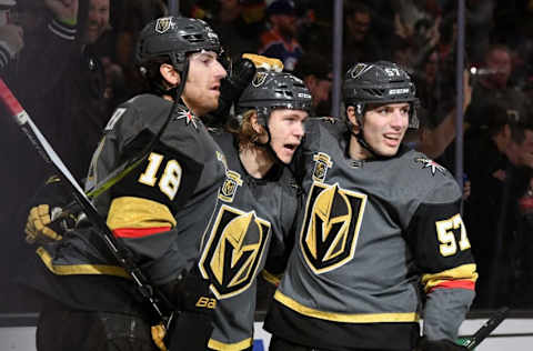 LAS VEGAS, NV – FEBRUARY 15: (L-R) James Neal #18, William Karlsson #71 and David Perron #57 of the Vegas Golden Knights celebrate after Perron assisted Karlsson on a second-period power-play goal against the Edmonton Oilers during their game at T-Mobile Arena on February 15, 2018, in Las Vegas, Nevada. (Photo by Ethan Miller/Getty Images)