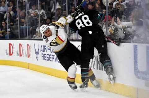 LAS VEGAS, NV – January 10: Brent Burns #88 of the San Jose Sharks hits Ryan Reaves #75 of the Vegas Golden Knights during the third period at T-Mobile Arena on January 10, 2019 in Las Vegas, Nevada. (Photo by David Becker/NHLI via Getty Images)