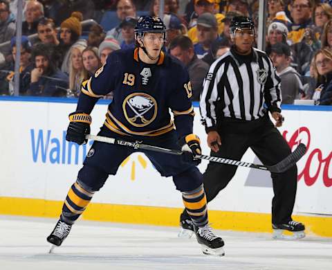 BUFFALO, NY – NOVEMBER 13: Jake McCabe #19 of the Buffalo Sabres skates during an NHL game against the Tampa Bay Lightning on November 13, 2018 at KeyBank Center in Buffalo, New York. (Photo by Bill Wippert/NHLI via Getty Images)