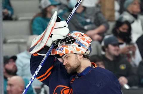 Edmonton Oilers Goalie Stuart Skinner, #74. Mandatory Credit: Darren Yamashita-USA TODAY Sports