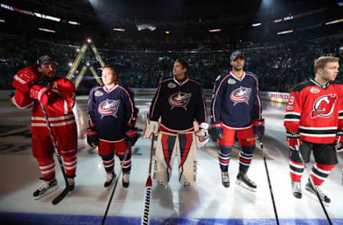 LOS ANGELES, CA – JANUARY 28: (L-R) Justin Faulk