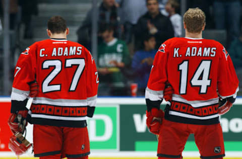 TORONTO – FEBRUARY 18: Craig Adams #27 and Kevyn Adams #14 of the Carolina Hurricanes side by side during the National Anthem prior to the NHL game against the Toronto Maple Leafs at Air Canada Centre on February 18, 2003 in Toronto, Ontario. The Maple Leafs defeated the Hurricanes 4-3. (Photo By Dave Sandford/Getty Images/NHLI)