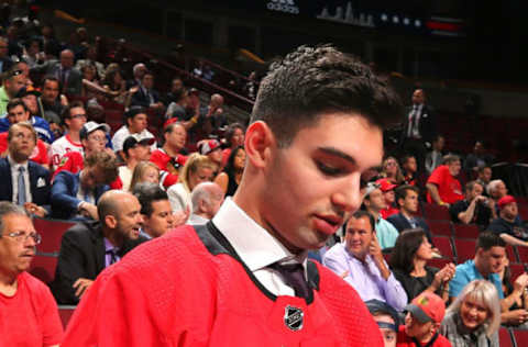 CHICAGO, IL – JUNE 24: Stelio Mattheos celebrates after being selected 73rd overall by the Carolina Hurricanes during the 2017 NHL Draft at the United Center on June 24, 2017, in Chicago, Illinois. (Photo by Bruce Bennett/Getty Images)