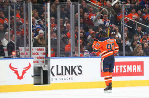 EDMONTON, AB – DECEMBER 27: Edmonton Oilers Center Connor McDavid (97) takes a rare penalty in the second period during the Edmonton Oilers game versus the Vancouver Canucks on December 27, 2018 at Rogers Place in Edmonton, AB. (Photo by Curtis Comeau/Icon Sportswire via Getty Images)