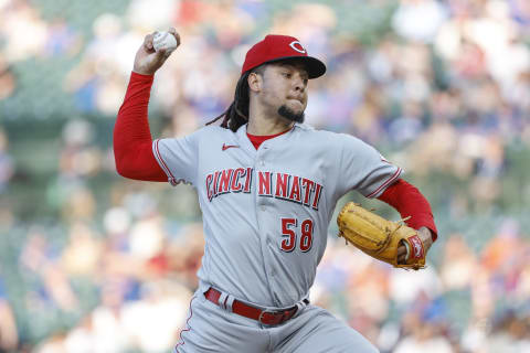 Jun 28, 2022; Chicago, Illinois, USA; Cincinnati Reds starting pitcher Luis Castillo (58) delivers against the Chicago Cubs during the first inning at Wrigley Field. Mandatory Credit: Kamil Krzaczynski-USA TODAY Sports